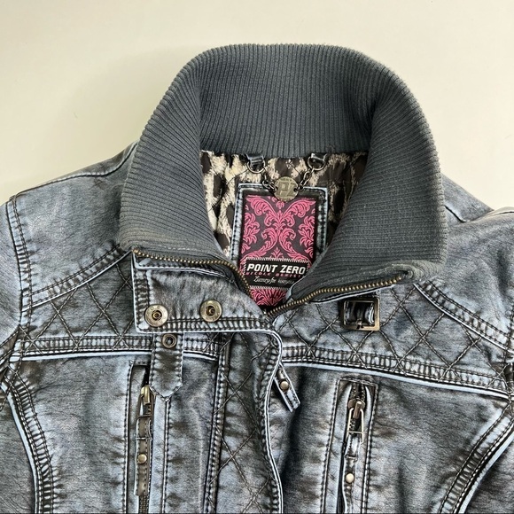 POINT ZERO Blue Acid Washed Vegan Leather Quilted Moto Style Collar Jacket Coat - Picture 2 of 15